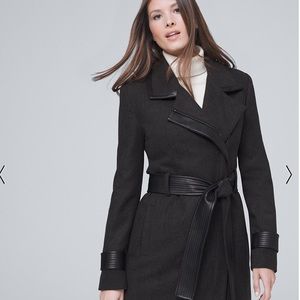 WHBM Gray wrap coat with black vegan leather trim